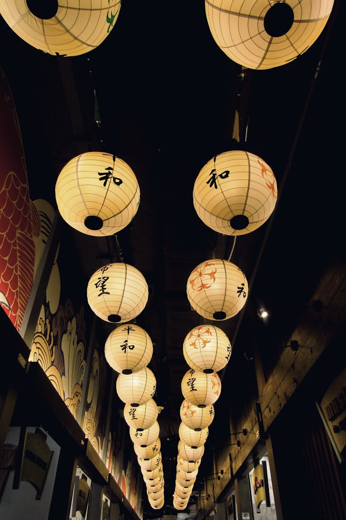 Rows of traditional Japanese paper lanterns glowing warmly in the night.